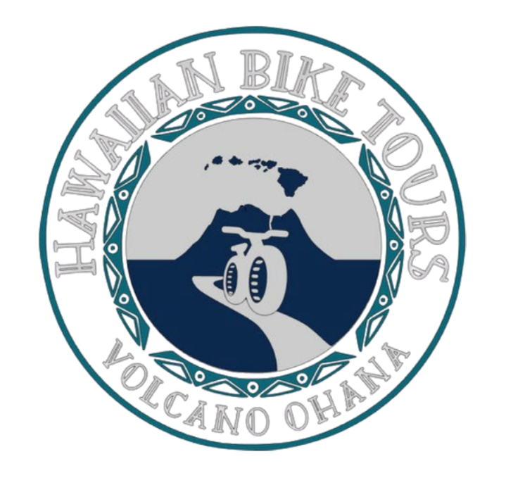 Circular logo with text 'Hawaiian Bike Tours - Volcano Ohana' and a stylized volcano image in the center.