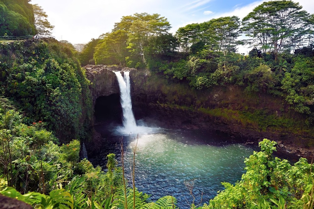 A waterfall cascading into a blue pool, surrounded by lush green foliage.
