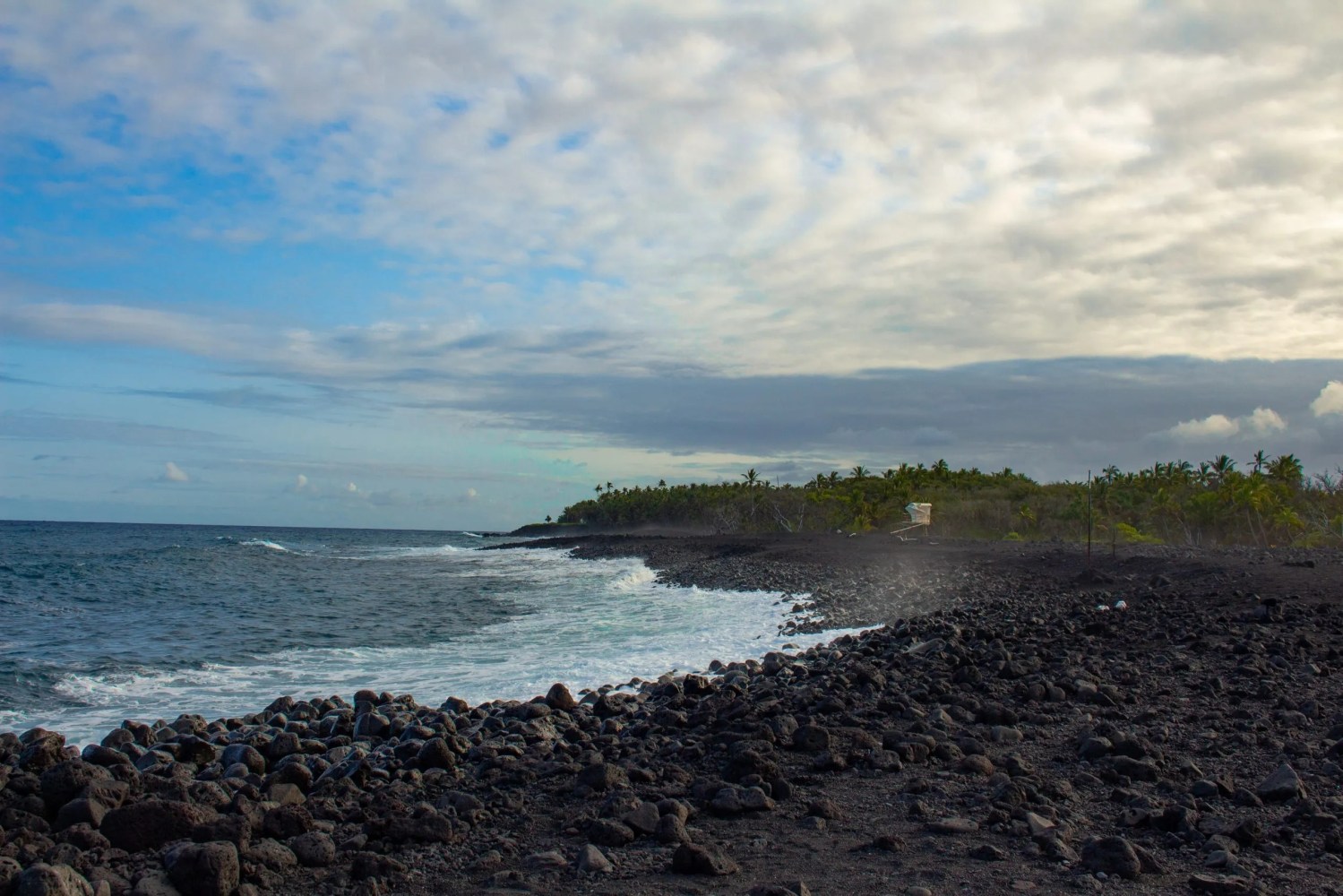 Rocky coastline with waves and distant palm trees under a partly cloudy sky.