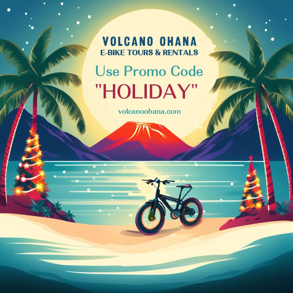 E-bike by beach with lit Christmas trees; volcano and promo code 'HOLIDAY' text above.